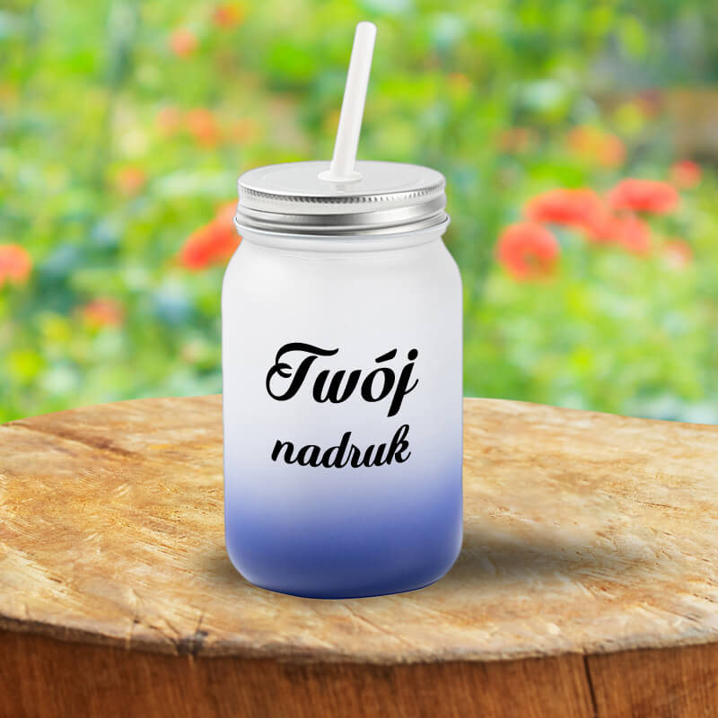 Kubek Mason Jar z mrożonego szkła z granatowym dnem z Twoim nadrukiem