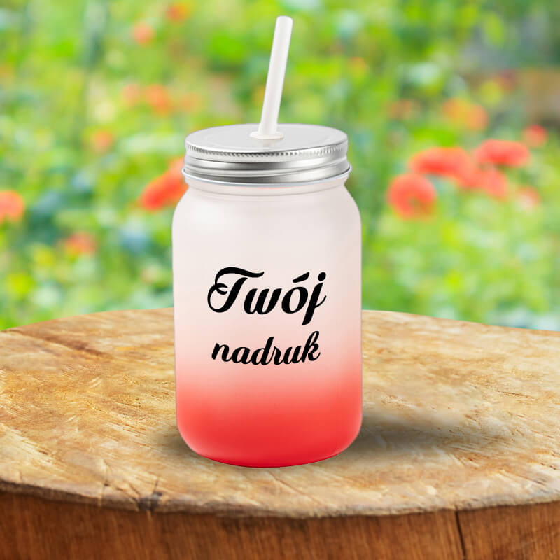 Kubek Mason Jar z mrożonego szkła z czerwonym dnem z Twoim nadrukiem