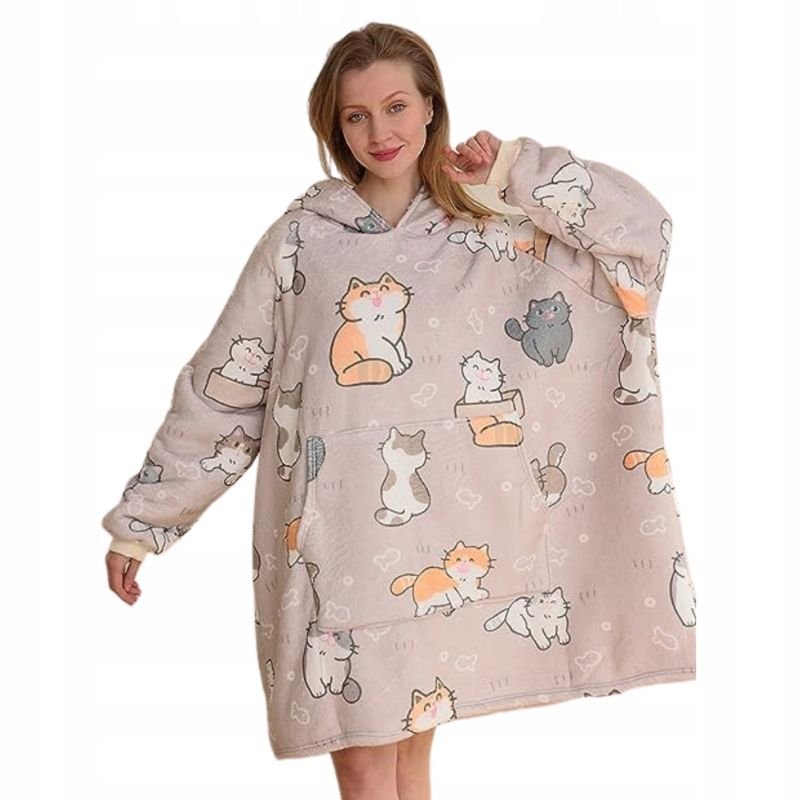 KOC BLUZA Oversize Ciepła Gruba KOCOBLUZA 2w1 XXL Futrzak z Kapturem BEŻOWE KOTKI