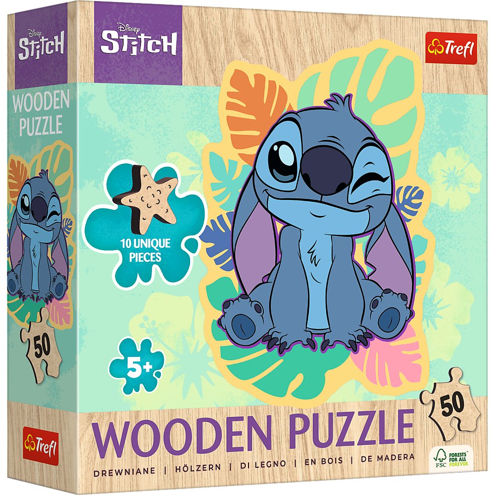 Puzzle, Trefl, Drewniane Konturowe, Wesoły Stitch, 50 el.
