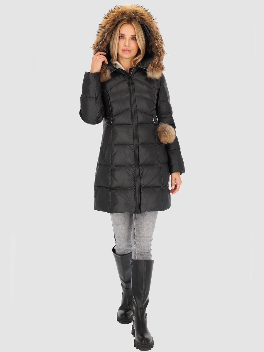 Taliowana puchowa kurtka damska przed kolano z futrem jenota L Czarny