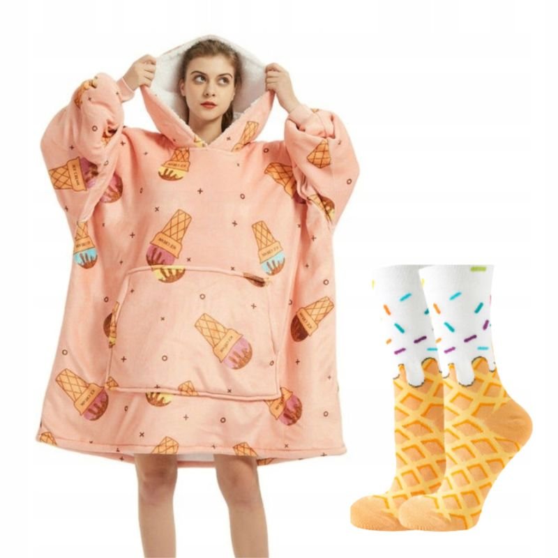 KOC BLUZA GRUBA CIEPŁA KOCOBLUZA OVERSIZE 2W1 XXL FUTRZAK LODY + SKARPETKI
