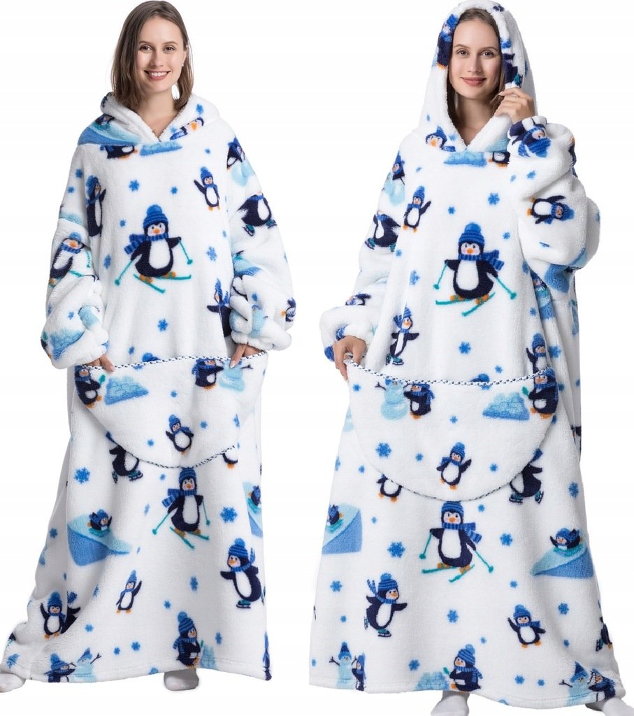KOC BLUZA OVERSIZE GRUBA CIEPŁA 2W1 XXL DŁUGA Z KAPTUREM KOCOBLUZA PINGWINY