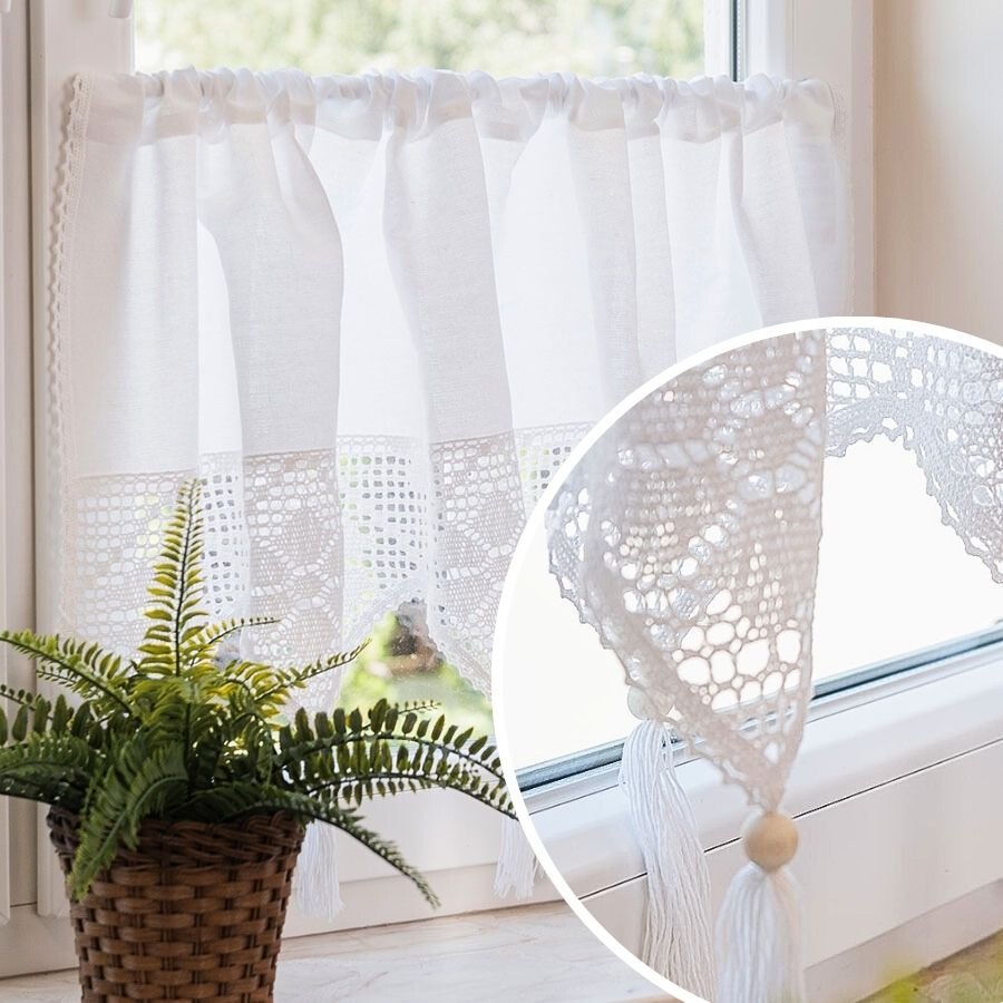 Bawełniana gotowa zazdrostka z ażurem, Rachela, kolor biały, oferowana w rozmiarze: 150x75 cm