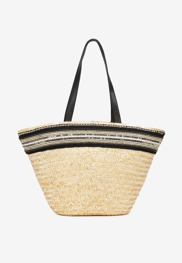 Beżowa Pleciona Torebka Shopper Ozdobiona Tasiemką Perłami i Cekinami Klubia