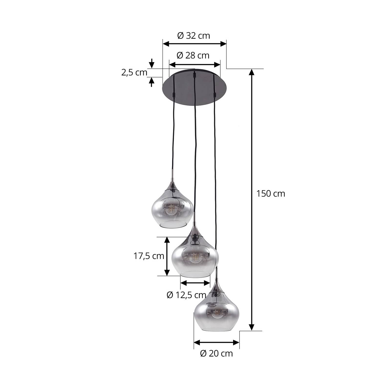 Lampa wisząca Lucande Jarven, 3-punktowa, czarny, szkło