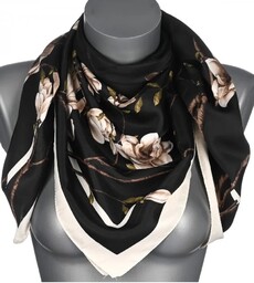 Chusta damska apaszka satynowa KWIATY MDB-60B czarna