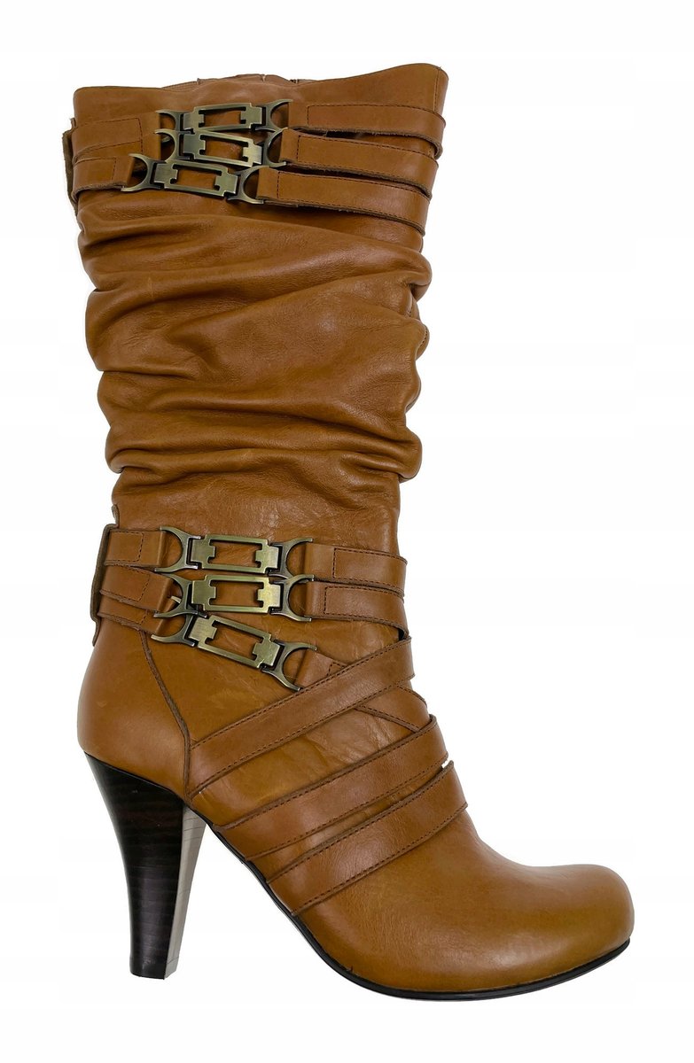 Beżowe skórzane kozaki na obcasie TwoLips 36