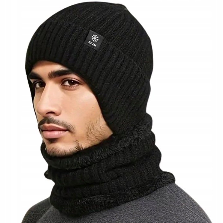Czapka I Komin Zestaw Męska Zimowa Ciepła Dwuwarstwowa Na Uszy Czarny