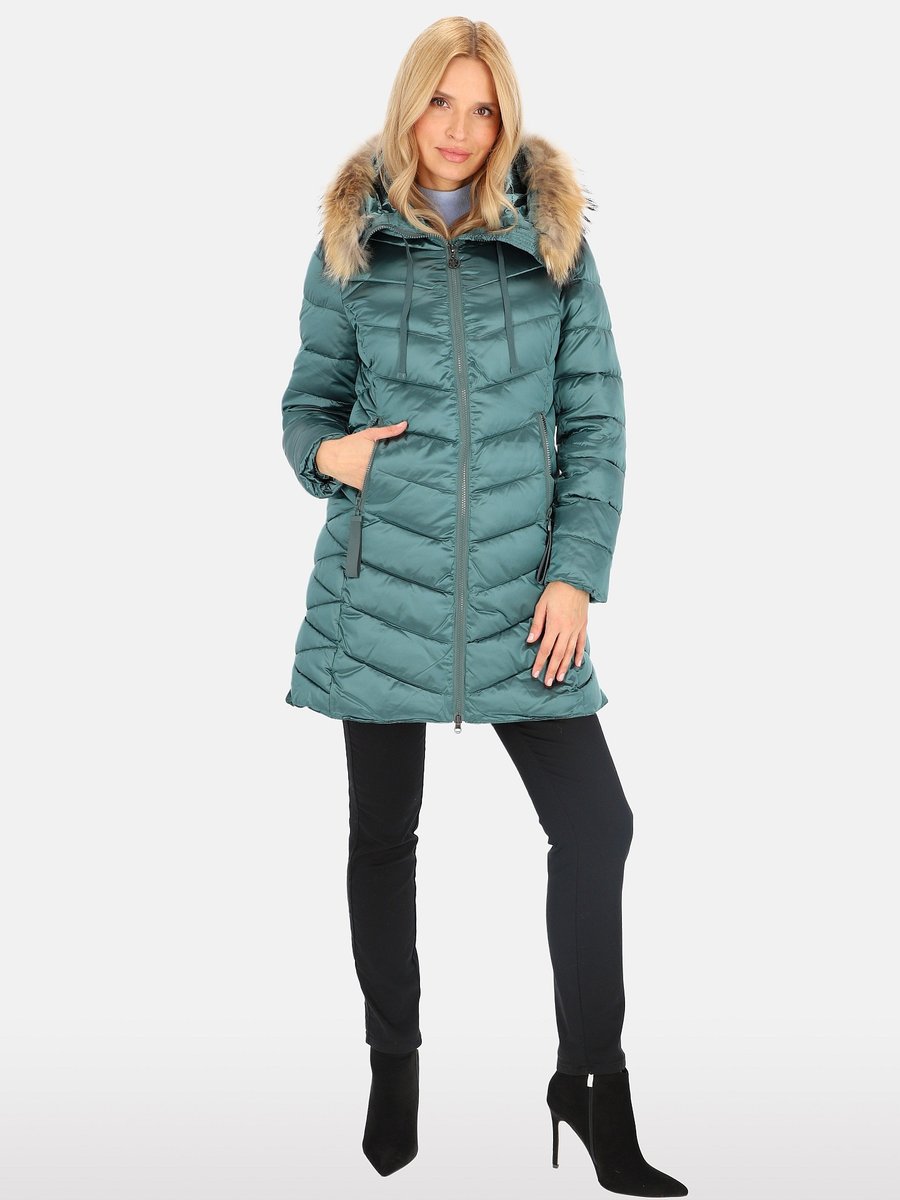 Kurtka damska zimowa z futerkiem w stylu casual S Szmaragdowy
