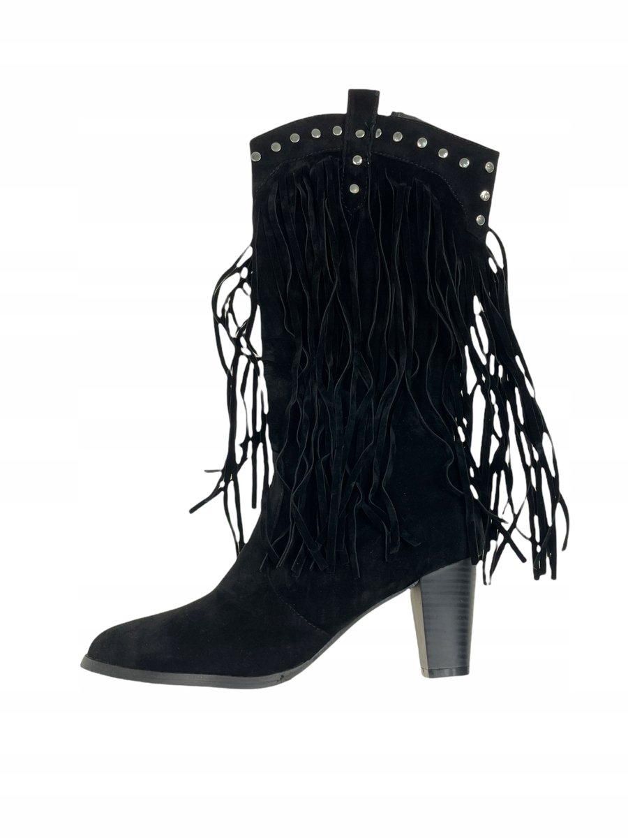 Czarne kozaki na słupku z frędzlami Alba 36