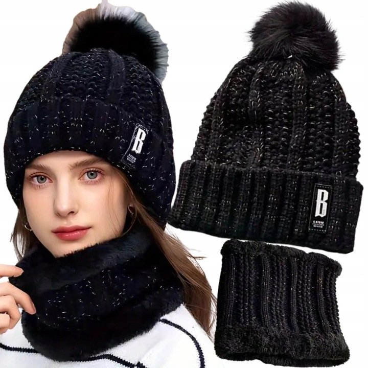 Czapka I Komin Zestaw Damska Zimowa Ciepła Ocieplana Z Pomponem Czarny
