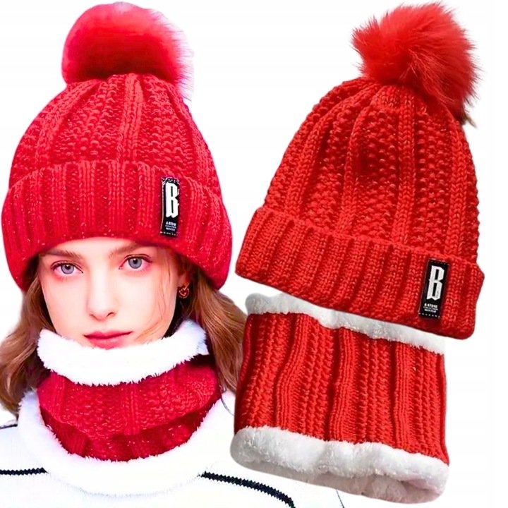Czapka I Komin Zestaw Damska Zimowa Ciepła Ocieplana Z Pomponem Czerwony