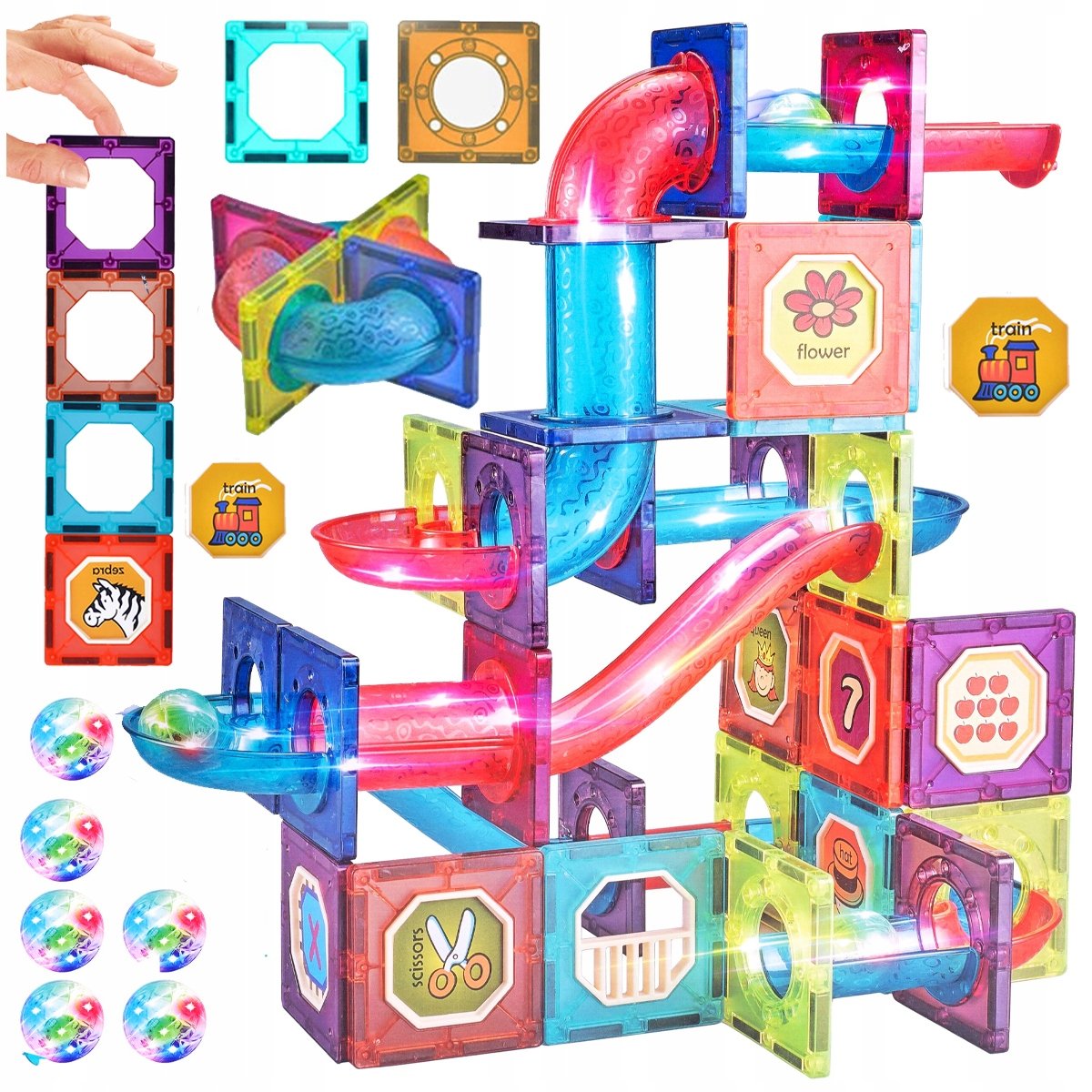 Kolorowe Klocki Magnetyczne Konstrukcyjne Świecące Tor Kulkowy 3D Zestaw Z1112