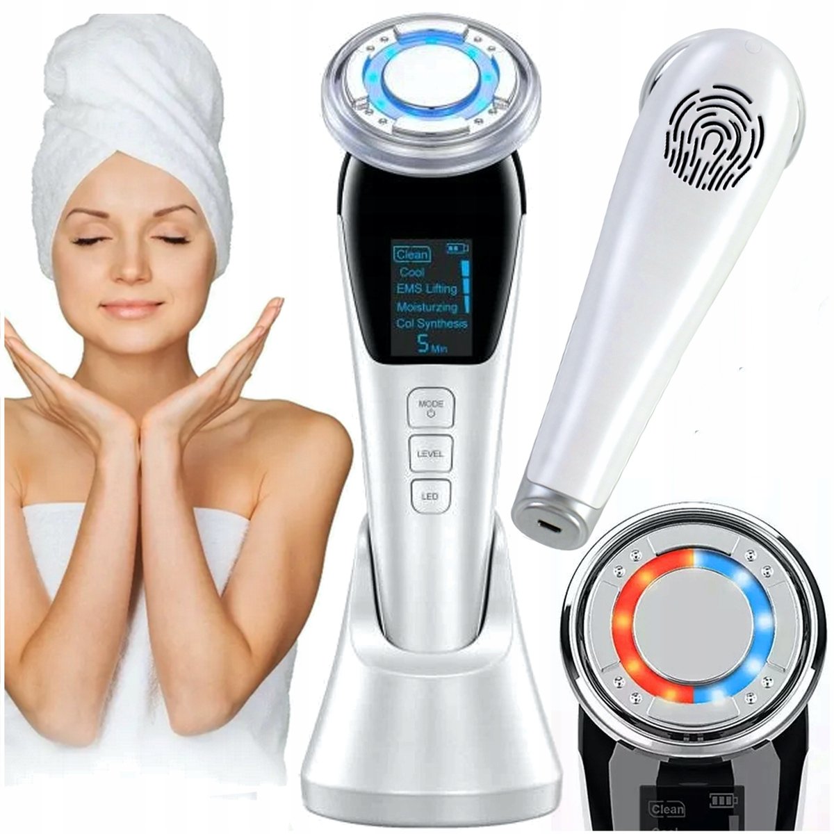 Masażer Ems Do Twarzy Mezoterapia Bezigłowa Lifting 5W1 Ultradźwiękowy