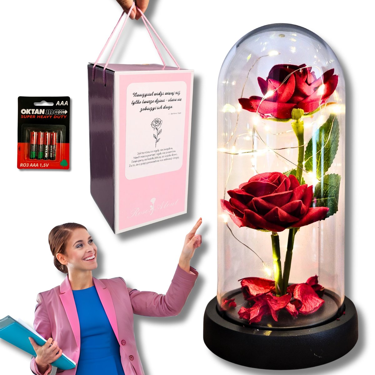 WIECZNA RÓŻA PREZENT dzień nauczyciela DEDYKACJA ŻYCZENIA baterie