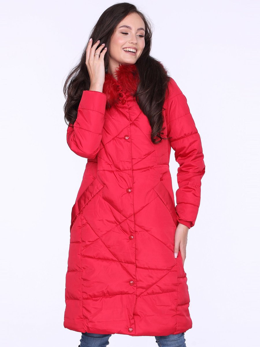 Zimowy długi płaszcz damski z niecodziennym pikowaniem Czerwony 3XL