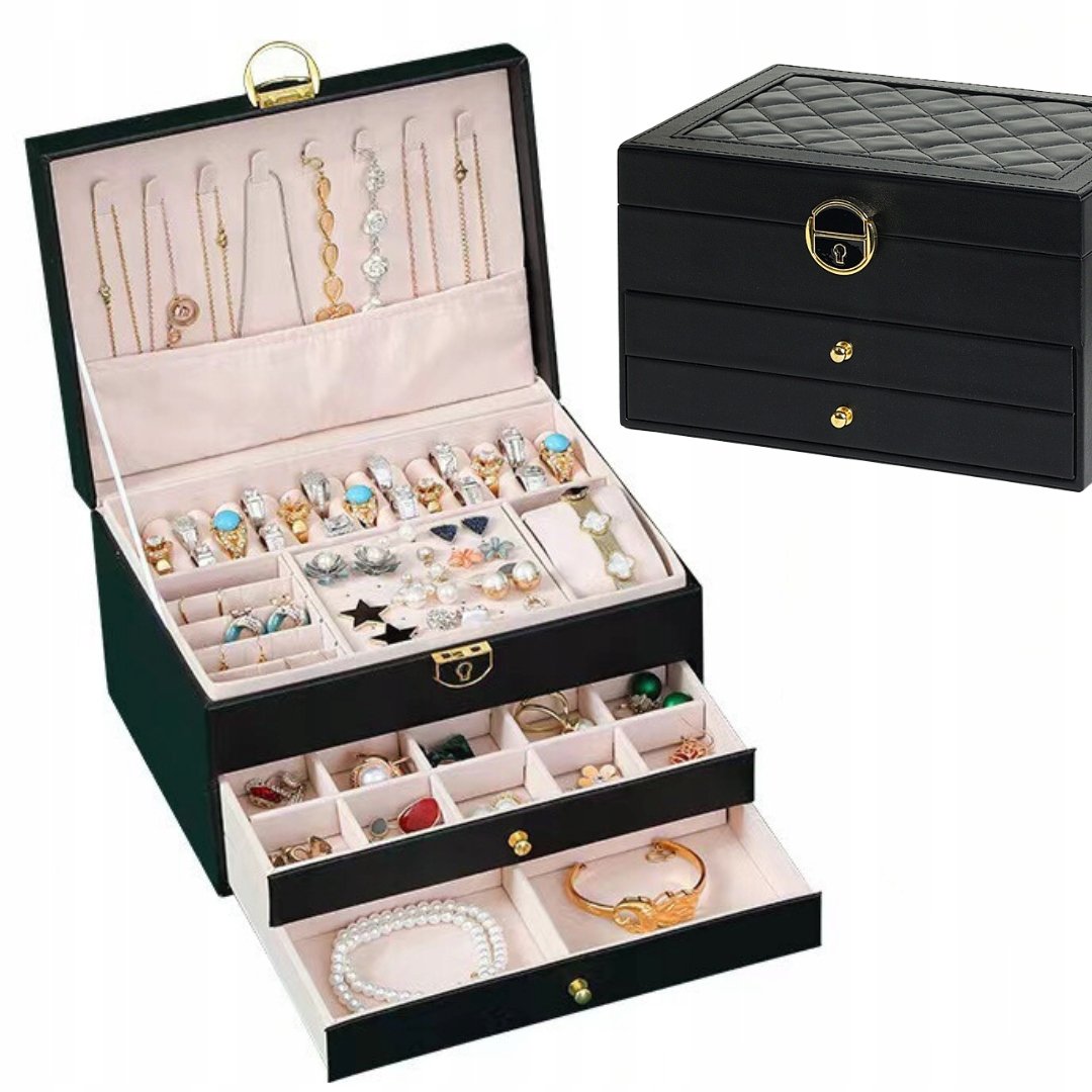 Szkatułka Na Biżuterię Elegancka Pikowana Z Szufladami Organizer Czarna F44
