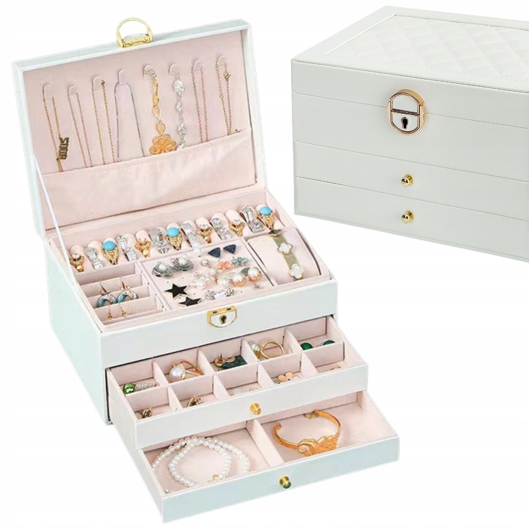 Szkatułka Na Biżuterię Elegancka Pikowana Z Szufladami Organizer Biała F45