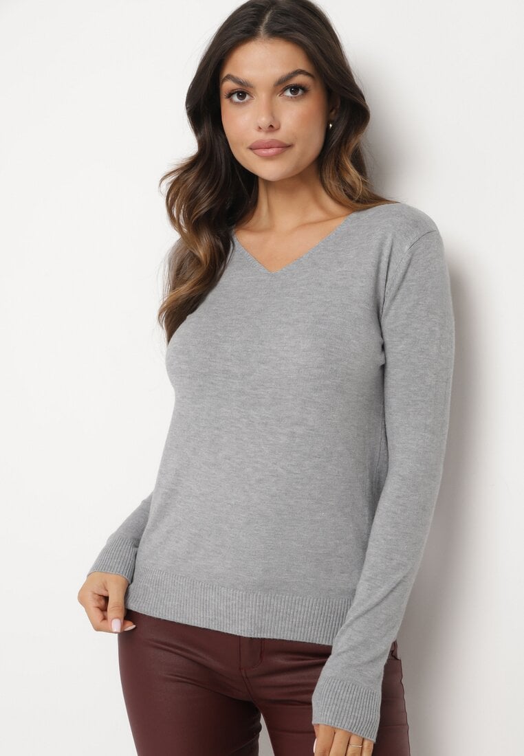 Szary Sweter z Bawełną i Dekoltem w Serek Etarevia