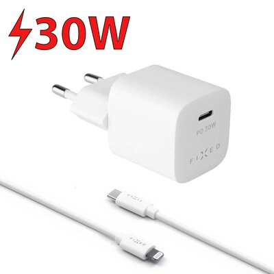 Fixed Ładowarka sieciowa Mini 1xUSB-C PD 30W + Lightning MFI kabel 1m FIXC30M-CL-WH Biała