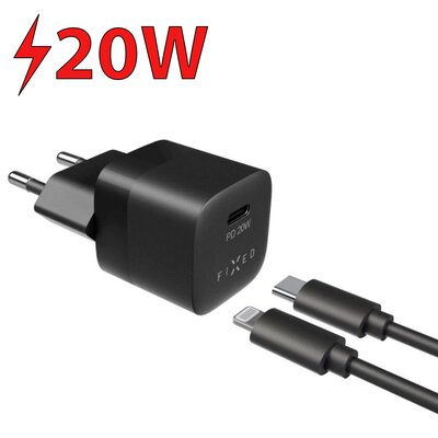 Ładowarka sieciowa FIXED Mini USB-C PD 20W, MFI + Lightning kabel 1m (FIXC20M-CL-BK) Czarna