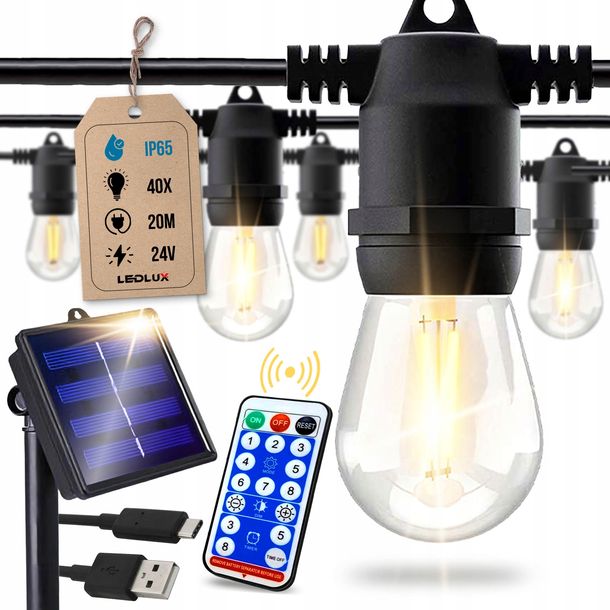 Girlanda Ogrodowa Solarna Lampki Zewnętrzne 20m 40x Żarówka LED E27 + Pilot