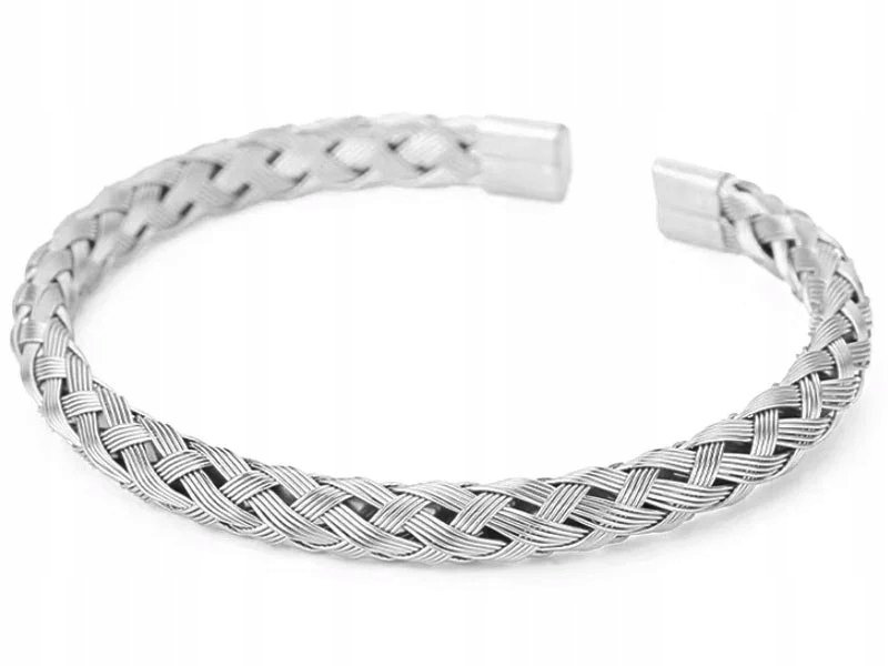 Srebrna elegancka pleciona bransoletka srebrzona sztywna bangle unisex