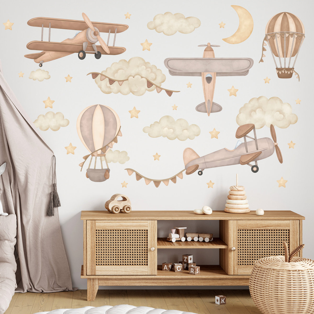 Naklejki na ścianę samoloty balony boho beż brąz gwiazdki księżyc