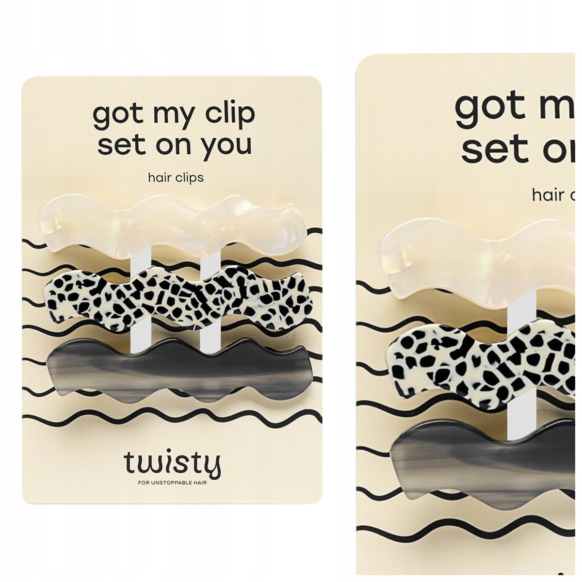 Zestaw falowanych spinek do włosów - marmurkowa, perłowa, czarna Twisty 3 szt.