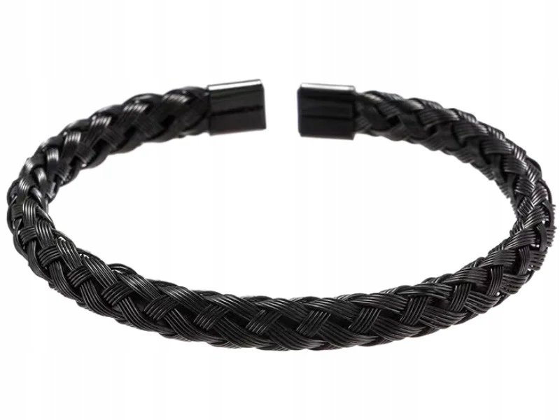 Czarna elegancka bransoletka sztywna czarna pleciona bangle unisex modna