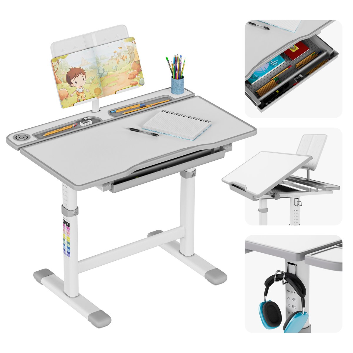 Ergonomiczne biurko dla dzieci Study 3.0, nowoczesne, z regulacją wysokości, z przegródką na akcesoria, 66 x 50 cm, szare