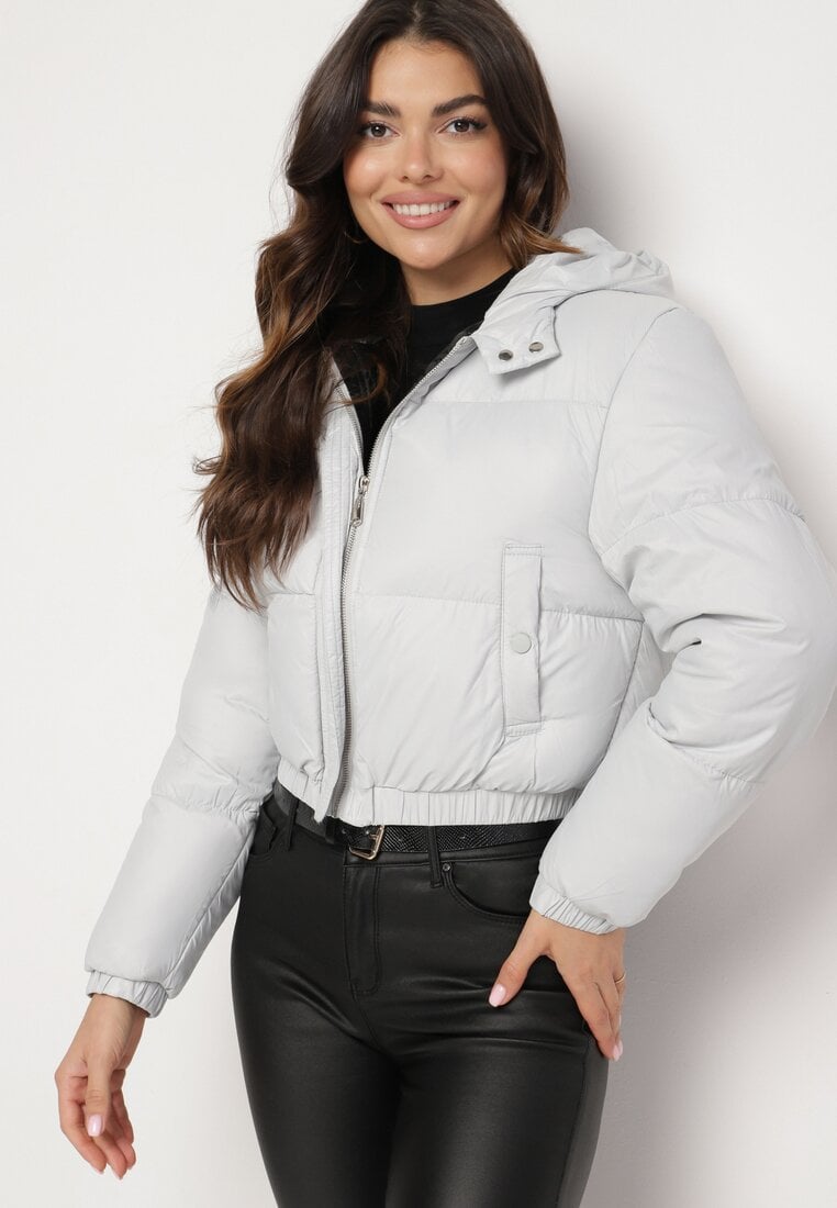 Jasnoszara Kurtka Pikowana o Krótkim Fasonie z Kapturem Tinthella