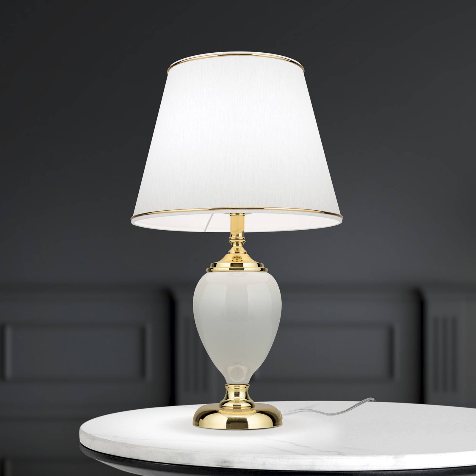 ORION Lampa stołowa Ovum, kolor biały/złoty, wysokość 48 cm, ceramika/chintz