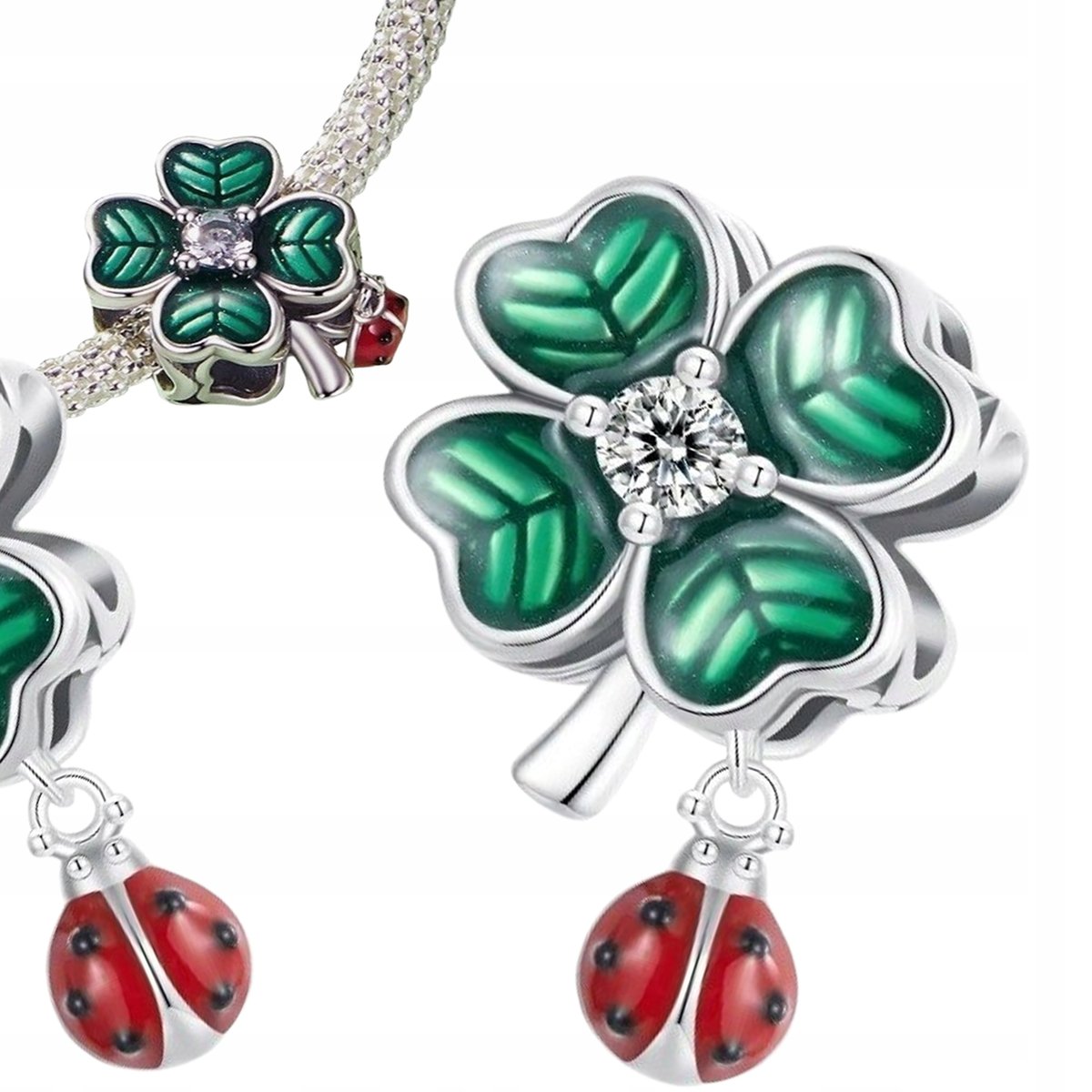 CHARMS Zawieszka Zielona Koniczynka Biedronka na Szczęście Srebro s925
