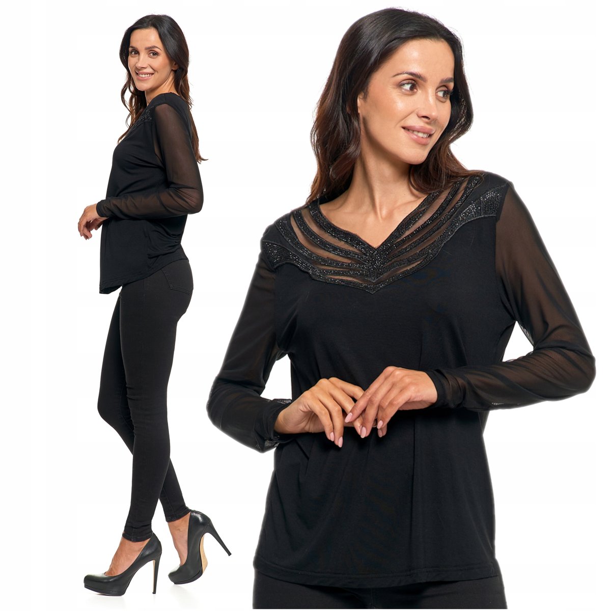 Elegancka Bluzka Damska z Kryształkami i Siateczką Modna Delikatna MORAJ S