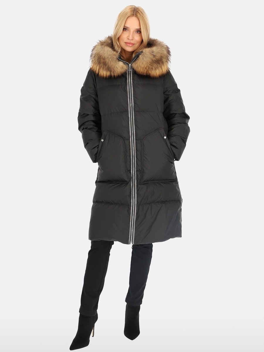 Elegancka puchowa kurtka damska z kontrastowym lampasem XL Czarny