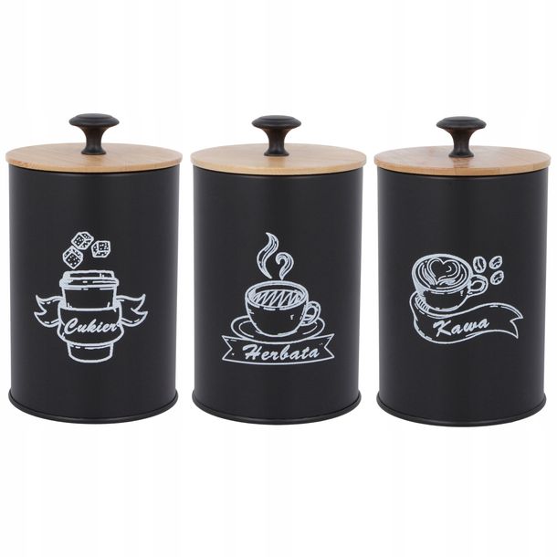 Zestaw Pojemników Kuchennych 3 Czarne Pojemniki Kawa Herbata Cukier