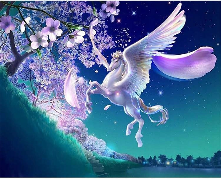 Diamentowa Mozaika Koń Pegaz Nad Zielonym Zwgórzem 30x40