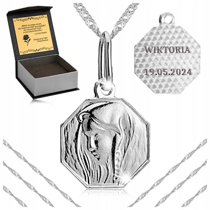 Srebrny Naszyjnik + Medalik Celebrytka 925 Prezent Na Komunię + Grawer 42Cm