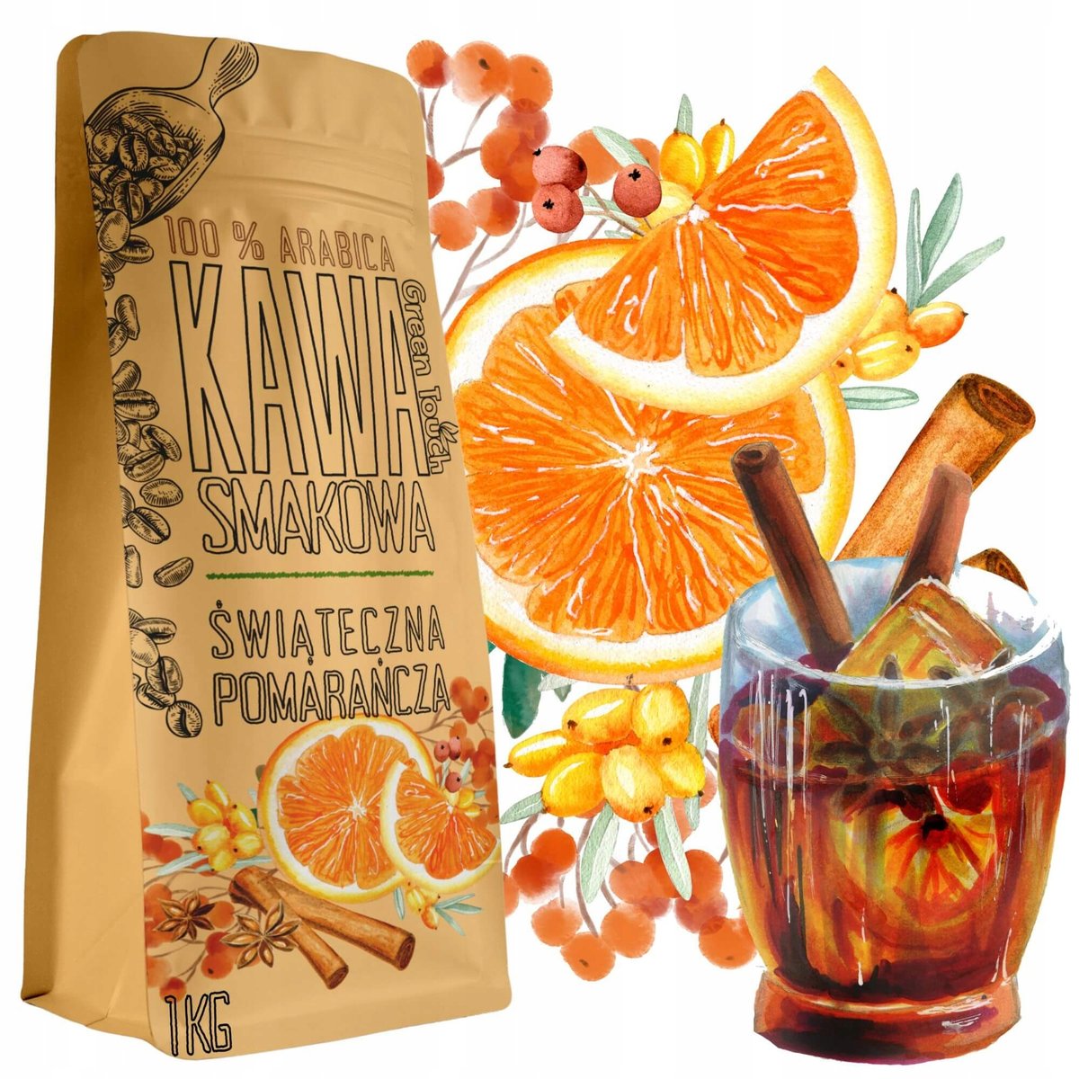 Kawa Mielona Świąteczna Pomarańcza Korzenna Grzaniec 1 Kg Green Touch