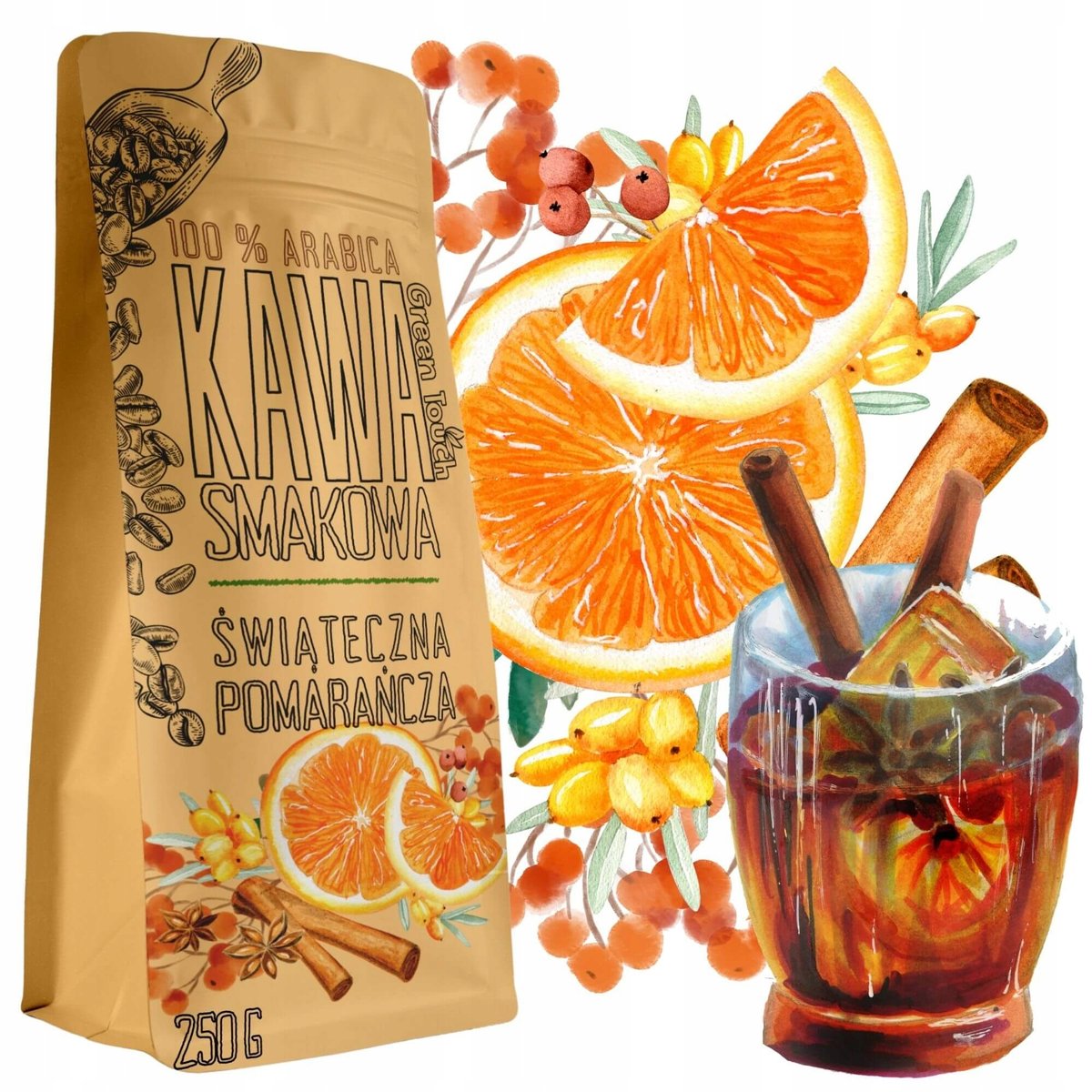 Kawa Mielona Świąteczna Pomarańcza Korzenna Grzaniec 250 G Green Touch