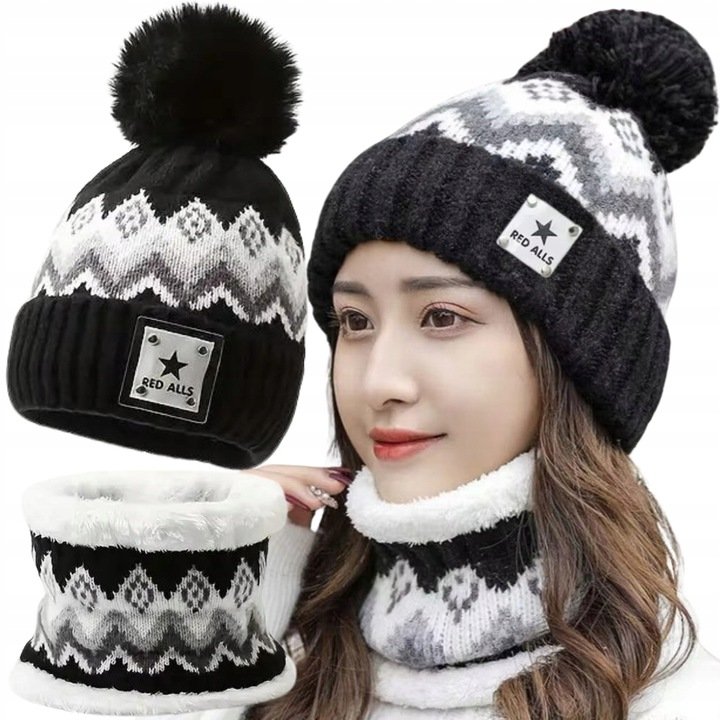 Czapka Damska Komin Komplet Dwuwarstwowy Zimowa Ciepła Pompon 52-58 Czarny