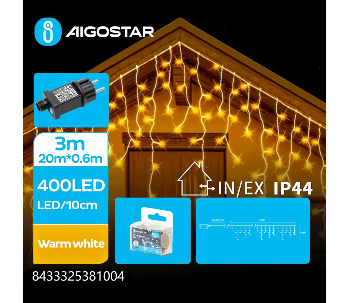 Aigostar - Zewnętrzny świąteczny łańcuch LED 400 diod / 8 funkcji 23x0,6m IP44 ciepła biel