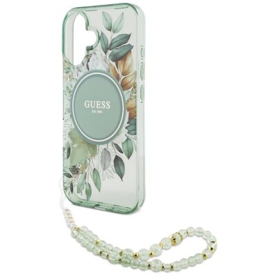 Etui GUESS IML Flowers With Pearl Strap MagSafe do Apple iPhone 16 Zielony | Bezpłatny transport