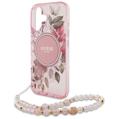 Etui GUESS IML Flowers With Pearl Strap MagSafe do Apple iPhone 16 Różowy | Bezpłatny transport