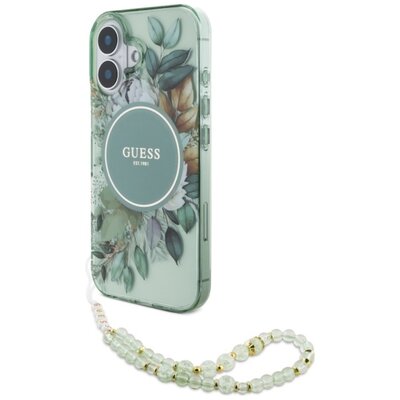 Etui GUESS IML Flowers With Pearl Strap MagSafe do Apple iPhone 16 Plus Zielony | Bezpłatny transport