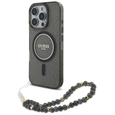 Etui GUESS IML Glitter With Pearl Strap MagSafe do Apple iPhone 16 Pro Czarny | Bezpłatny transport