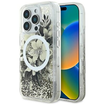 Etui GUESS Liquid Glitter Flower MagSafe do Apple iPhone 16 Pro Beżowy | Bezpłatny transport