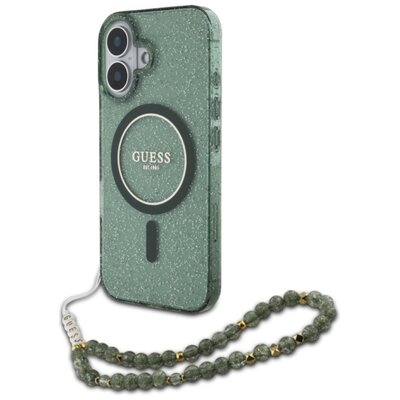 Etui GUESS IML Glitter With Pearl Strap MagSafe do Apple iPhone 16 Zielony | Bezpłatny transport